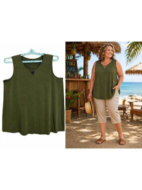 Catherines Womens Plus Size Olive Green Tank Top 1X 18/20W Capsule Foundation